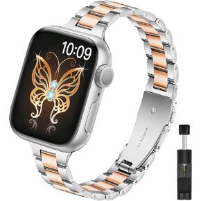YGTIECS Slim Metal Bands Compatible with Apple Watch Band 41mm 40mm 38mm, Dressy Three-link for Apple Watch Bands for Women, Thin Stainless Steel Band for iWatch Band Series 9/8/7/6/5/4/3/2/1/SE