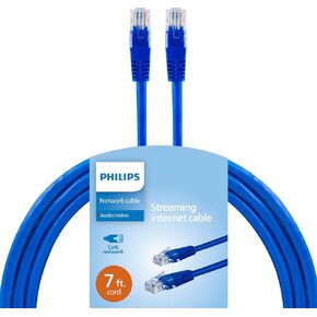 Philips Cat6 Ethernet Cable, Extra Long 7 Ft Cord, 10 Gbps, 250Mhz, Gold Plated RJ45M Connector, for Computer, Game Console, Cable/DSL Modem, Network Switch, Streaming Device, Blue, SWR3913BL/37