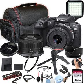 Canon EOS R10 24.2MP APS-C CMOS Sensor Mirrorless Camera with 18-45mm Lens + 64GB Memory, LED Video Light, Case, Gripster Tripod, and More (Essential Bundle) (Renewed)