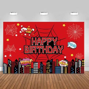 5x3ft Red Spider Web Birthday Backdrop Cloth,Spider Web Design Cartoon City Hero Theme Banner Party Decorations Supplies