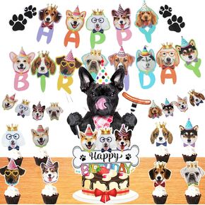Dog Themed Banner Happy Birthday Banner Dog Birthday Decorations, 12 Pcs Dog Cupcake Toppers Puppy Party Decorations for Dog Lover