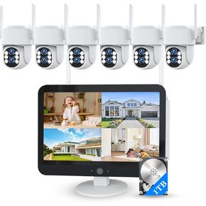Wireless Security Camera System Outdoor: Dual Lens WiFi6 & 10x Zoom 4PCS PTZ Dome Camera with 12.5" Monitor 10CH Expandable NVR, WiFi Color Night Vision 2-Way Talk Motion Track 1TB HDD