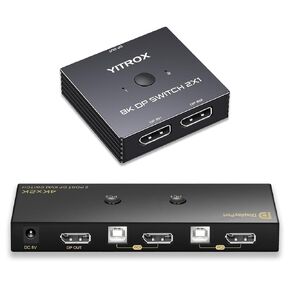 KVM Switch DisplayPort 1 Monitors 2 Computers, Displayport Switch 2 in 1 Out, DP 2.0 Switcher Support 8K@60Hz