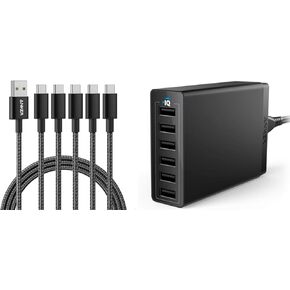 Anker Cable [5 Pack 6ft], USB to USB C Cable & Anker Charger, 60W 6 Port Charging Station