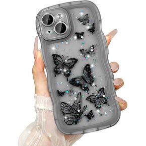 UEEBAI Wave Butterfly Case for iPhone 11 Case, Pretty Bling Star Butterfly for Women Cute Shiny Glitter Phone Cover for Girls Bling Clear Cover Curly Shockproof Girly Shell - Pink