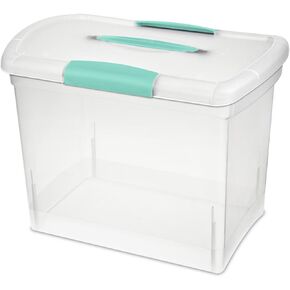 Sterilite Large Nesting ShowOffs, Stackable Small Storage Bin with Latching Lid and Handle, Plastic Container to Organize Office Files, Clear, 18-Pack