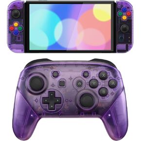 eXtremeRate Clear Atomic Purple Full Set Shell for Nintendo Switch OLED, Replacement Full Set Shell for Nintendo Switch Pro Controller - Console Controller NOT Included