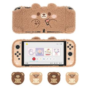 GeekShare Plush Bear Switch OLED Protective Case & Cookie Bear Thumb Grip Caps Compatible with Nintendo Switch OLED