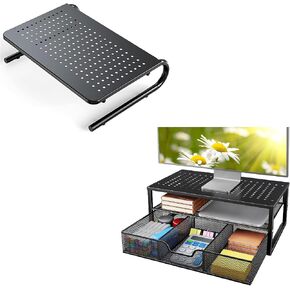 HUANUO Monitor Stand Riser, 2-Tier Metal Monitor Stand Riser Desk Organizer with Drawer
