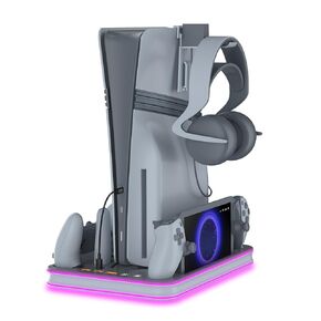 محطة الوقوف والتبريد ل PS5/PS5 Slim/PS5 Pro مع RGB LED وحدة تحكم الشحن الإكسسوارات ، الشاحن لوحدة التحكم في PlayStation 5 وسماعات وحدة التحكم PS وحاملات عن بعد (أبيض)