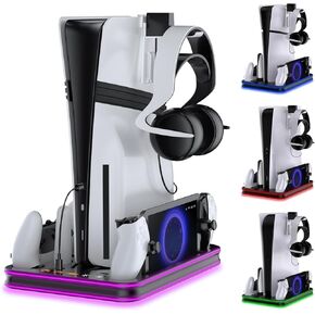 Stand and Cooling Station for PS5/PS5 Slim/PS5 Pro with RGB LED Controller Charging Dock Accessories, Charger for PlayStation 5 Controller and PS Portal Console Headset and Remote Holders (White) in Kuwait