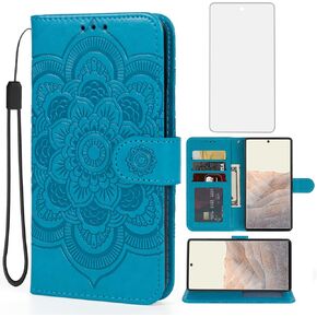 Case for Pixel 6 Case, Google 6 GB7N6 Wallet Case with Tempered Glass Screen Protector, Embossed Mandala Leather Flip Credit Card Holder Stand Phone Cover Cases for Google Pixel 6 Purple