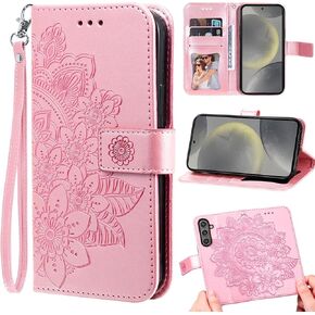 Compatible with Samsung Galaxy S23 FE 5G Wallet Case and Wrist Strap Protector Flower Leather Flip Credit Card Holder Stand Cell Accessories Phone Cover for S 23 EF S23FE 23S Girls Women Pink