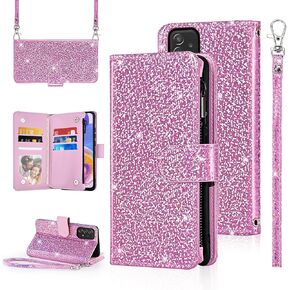 Polka dots Wallet Case for Samsung Galaxy A23 5G/4G with Wrist Strap Shoulder Strap Zipper Flip Purse Sparkly Glitter Credit Card Holder Stand Accessories Cell Phone Cover for A 23 23A 6.6 Grey
