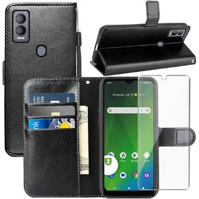 for Cricket Magic 5G, AT&T Propel 5G Case, Flip Cover with Screen Protector, PU Leather Wrist Strap, Card Slots, Shockproof, Black