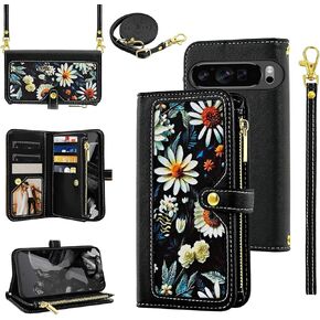 Floral Wallet Case for Google Pixel 9 Pro XL with Wrist Strap Shoulder Strap Flip Zipper Purse, Luxury PU Leather Credit ID Card Holder Stand Phone Cover for Pixel9 9Pro 9ProXL Nine Women Black