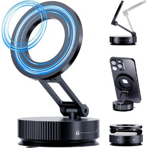 360° Adjustable Magnetic Phone Holder, Metal Suction Cup Phone Mount, Vacuum Magnetic Phone Holder, Foldable Phone Mount for Your Car/Bathroom/Gym/Mirror, for All Smartphones & All Car Models