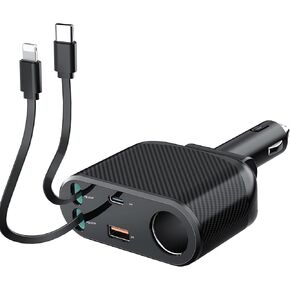 5 in 1 Retractable Car Charger with Built-in Replaceable Fuse Cigarette Lighter Splitter, 180W Fast Car Phone Charger with USB C and USB-i Cord, Car Lighter Adapter for iPhone, Galaxy, Pixel, GPS