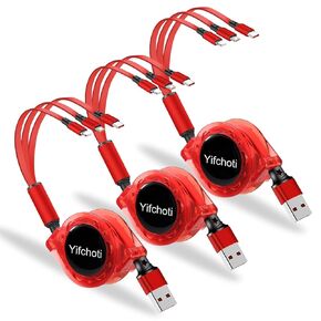 3 Pack 3 in 1 Multi USB Retractable Fast Charger Cable,Multiple Charging Cord Adapter with IP/Micro USB/Type C Port Adapter, Fast Charging Compatible with Cell Phones Tablets Universal Use