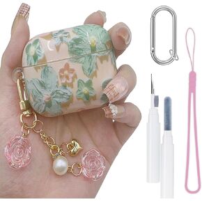 Oil Retro Painting Flower Cover for AirPods 4 Case 4th Generation 2024, Flower Pendant, Colorful Soft Full Protective Accessories Set for AirPods Gen4 Case for Girls Women Pink Green Cute