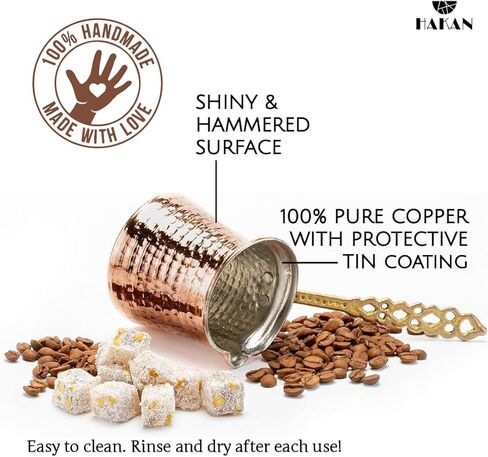 Hakan Turkish Coffee Pot, Greek Arabic Coffee Maker, Hammered Copper Coffee Cezve, Stove Top Coffee Maker with Brass Handle, Hammered Handmade Vintage Stovetop Handcrafted Jazva Briki Cezve, 5 fl oz in Kuwait