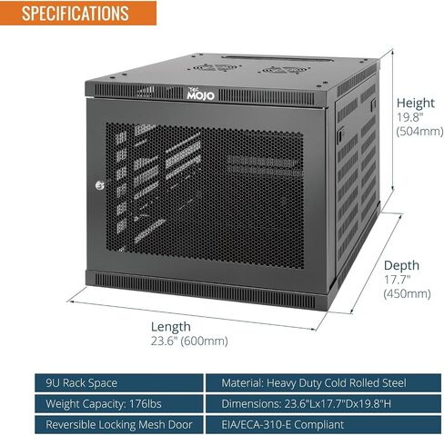 Tecmojo 9U Wall Mount Rack,9U Rack 17.7 Inch Depth,Hold Up to 176 Lbs,Enclosed Wall Mount Rack for 19 Inch Network,Server and AV Gear,Mesh Door(Elite Collection) in Kuwait