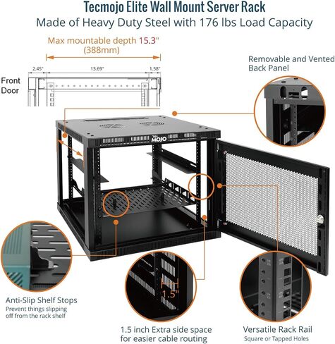 Tecmojo 9U Wall Mount Rack,9U Rack 17.7 Inch Depth,Hold Up to 176 Lbs,Enclosed Wall Mount Rack for 19 Inch Network,Server and AV Gear,Mesh Door(Elite Collection) in Kuwait