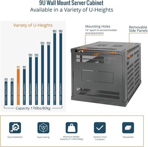 Tecmojo 9U Wall Mount Rack,9U Rack 17.7 Inch Depth,Hold Up to 176 Lbs,Enclosed Wall Mount Rack for 19 Inch Network,Server and AV Gear,Mesh Door(Elite Collection) in Kuwait