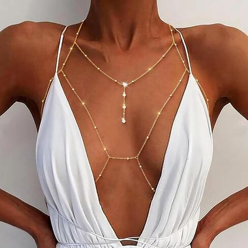 Tgirls Beads Body Chain Sexy Body Jewelry for Women Crystal Body Chains Layered Bra Bikini Body Waist Chain in Kuwait
