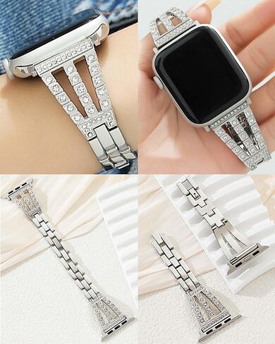 Slim Metal Band Compatible with Apple Watch Bands for Women 38/40/41/42/44/45/46/49mm, Stylish Diamond Stainless Steel Strap Polished Metal Clasp for iWatch Series 10/9/8/SE/7/6/5/4/3/2/1 in Saudi Arabia