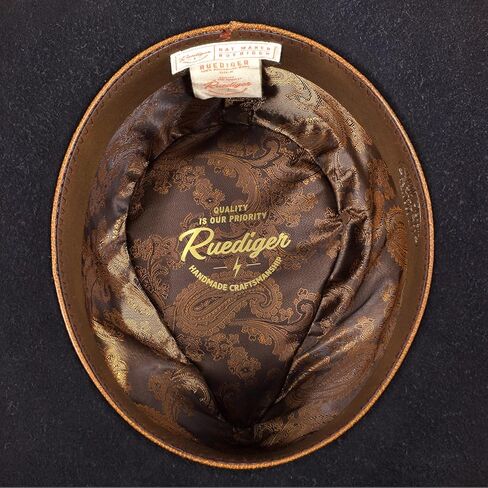 RUEDIGER Wide Brim Fedora Hats for Men Women 100% Wool Felt Panama Rancher Hat with Lightning Logo Distressed/Burned Handmade in Kuwait