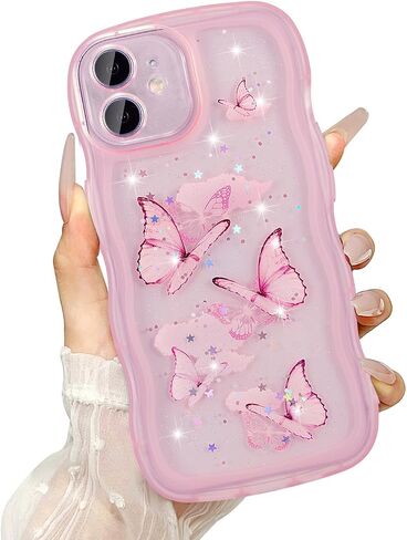 UEEBAI Wave Butterfly Case for iPhone 11 Case, Pretty Bling Star Butterfly for Women Cute Shiny Glitter Phone Cover for Girls Bling Clear Cover Curly Shockproof Girly Shell - Pink in Saudi Arabia
