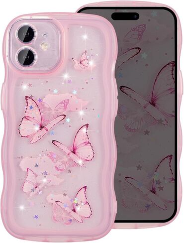 UEEBAI Wave Butterfly Case for iPhone 11 Case, Pretty Bling Star Butterfly for Women Cute Shiny Glitter Phone Cover for Girls Bling Clear Cover Curly Shockproof Girly Shell - Pink in Saudi Arabia