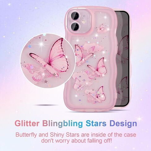 UEEBAI Wave Butterfly Case for iPhone 11 Case, Pretty Bling Star Butterfly for Women Cute Shiny Glitter Phone Cover for Girls Bling Clear Cover Curly Shockproof Girly Shell - Pink in Saudi Arabia