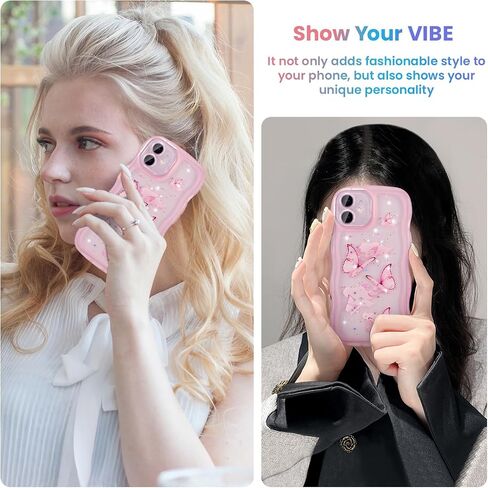 UEEBAI Wave Butterfly Case for iPhone 11 Case, Pretty Bling Star Butterfly for Women Cute Shiny Glitter Phone Cover for Girls Bling Clear Cover Curly Shockproof Girly Shell - Pink in Saudi Arabia
