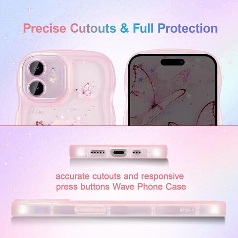 UEEBAI Wave Butterfly Case for iPhone 11 Case, Pretty Bling Star Butterfly for Women Cute Shiny Glitter Phone Cover for Girls Bling Clear Cover Curly Shockproof Girly Shell - Pink in Saudi Arabia