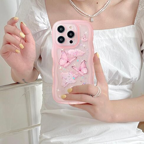 UEEBAI Wave Butterfly Case for iPhone 11 Case, Pretty Bling Star Butterfly for Women Cute Shiny Glitter Phone Cover for Girls Bling Clear Cover Curly Shockproof Girly Shell - Pink in Saudi Arabia