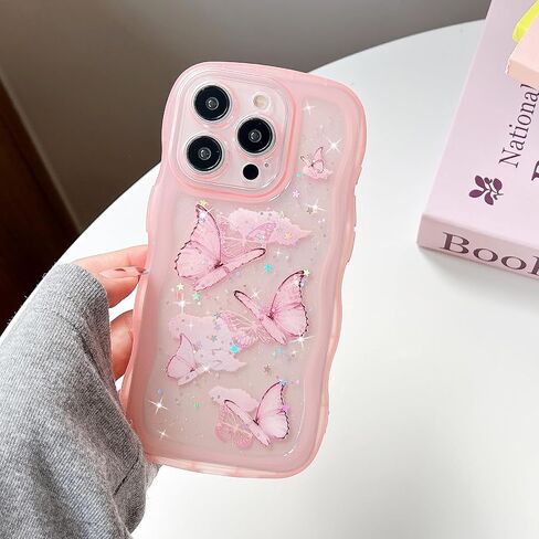 UEEBAI Wave Butterfly Case for iPhone 11 Case, Pretty Bling Star Butterfly for Women Cute Shiny Glitter Phone Cover for Girls Bling Clear Cover Curly Shockproof Girly Shell - Pink in Saudi Arabia