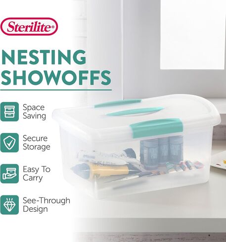 Sterilite Large Nesting ShowOffs, Stackable Small Storage Bin with Latching Lid and Handle, Plastic Container to Organize Office Files, Clear, 18-Pack in Kuwait