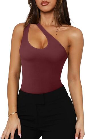 REORIA Women’s Sexy Plunge One Shoulder Sleeveless V Backless Going Out Tank Bodysuits Tops in Kuwait