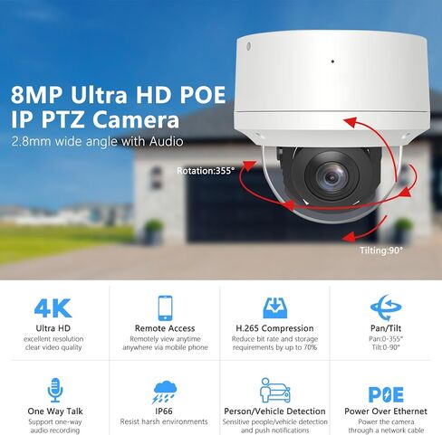 4K 2.5'' PoE IP Camera with Mic, 8MP Dome Security IP Camera, IP66 Waterproof, 60ft IR Night Vision, Pan 0~355° Tilt 0~90°, 2.8mm Lens, Compatible with Third-Part NVRs Softwares in Saudi Arabia