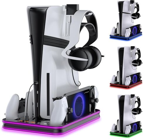 Stand and Cooling Station for PS5/PS5 Slim/PS5 Pro with RGB LED Controller Charging Dock Accessories, Charger for PlayStation 5 Controller and PS Portal Console Headset and Remote Holders (White) in Kuwait