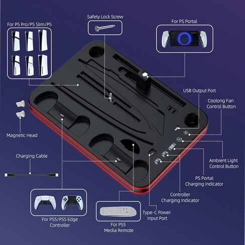 Stand and Cooling Station for PS5/PS5 Slim/PS5 Pro with RGB LED Controller Charging Dock Accessories, Charger for PlayStation 5 Controller and PS Portal Console Headset and Remote Holders (White) in Kuwait