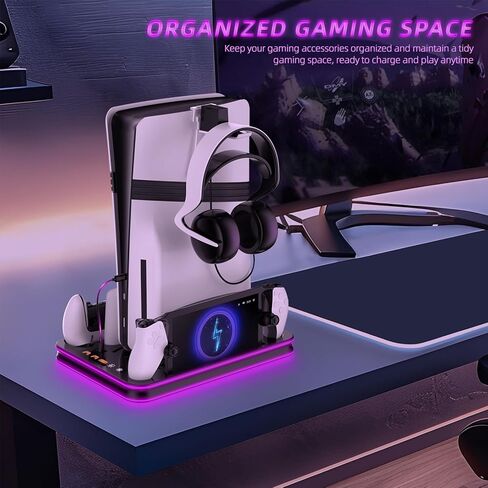 Stand and Cooling Station for PS5/PS5 Slim/PS5 Pro with RGB LED Controller Charging Dock Accessories, Charger for PlayStation 5 Controller and PS Portal Console Headset and Remote Holders (White) in Kuwait