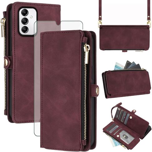 Asuwish Phone Case for Samsung Galaxy A14/M14 5G Zipper Wallet Cell Cover with Tempered Glass Screen Protector Crossbody Wrist Strap Flip Credit Card Holder Slot A 14 4G 14A 14M G5 Women Men Red in Kuwait