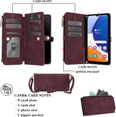 Asuwish Phone Case for Samsung Galaxy A14/M14 5G Zipper Wallet Cell Cover with Tempered Glass Screen Protector Crossbody Wrist Strap Flip Credit Card Holder Slot A 14 4G 14A 14M G5 Women Men Red in Kuwait