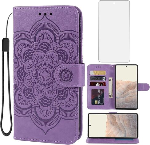 حالة Pixel 6 Case ، Google 6 GB7N6 Wallet Case مع واقي شاشة زجاجي مقسى ، حامل بطاقة الائتمان من Mandala Leather Flip Card Cover Cover For Google Pixel 6 Purple in Kuwait