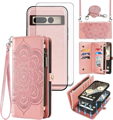 Asuwish Phone Case for Google Pixel 7 Pro 5G Zipper Wallet Detachable Cell Cover with Tempered Glass Screen Protector Strap Flower Card Holder Pixel7Pro Pixel7 XL Seven 7Pro 6.7 Women Girls Rose Gold in Saudi Arabia