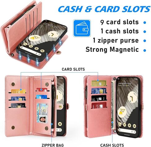 Asuwish Phone Case for Google Pixel 7 Pro 5G Zipper Wallet Detachable Cell Cover with Tempered Glass Screen Protector Strap Flower Card Holder Pixel7Pro Pixel7 XL Seven 7Pro 6.7 Women Girls Rose Gold in Saudi Arabia