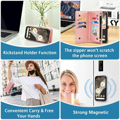 Asuwish Phone Case for Google Pixel 7 Pro 5G Zipper Wallet Detachable Cell Cover with Tempered Glass Screen Protector Strap Flower Card Holder Pixel7Pro Pixel7 XL Seven 7Pro 6.7 Women Girls Rose Gold in Saudi Arabia